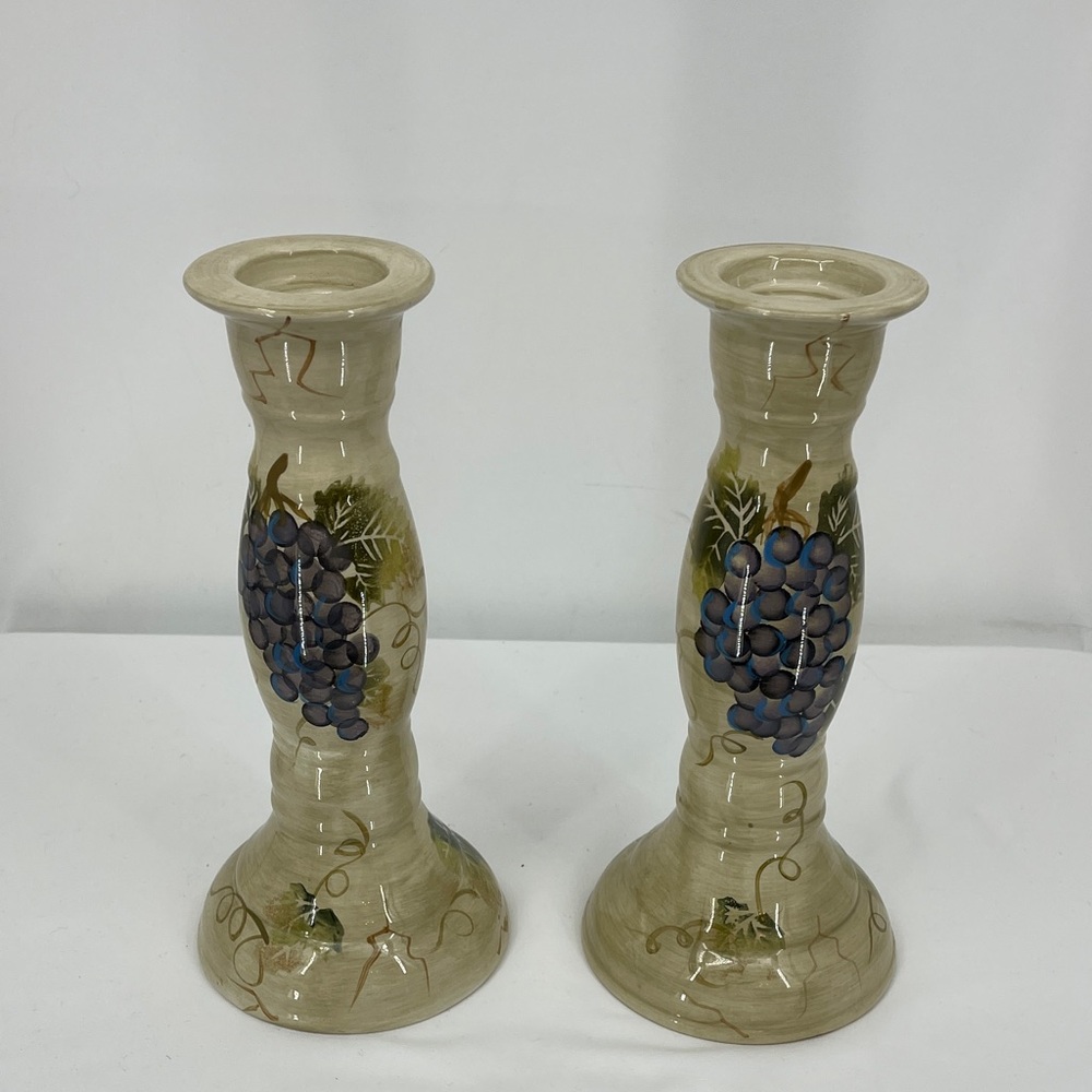 Cabernet Hand-Painted Ceramic Candlesticks in Cream and Blue Grape Motif TUSCAN